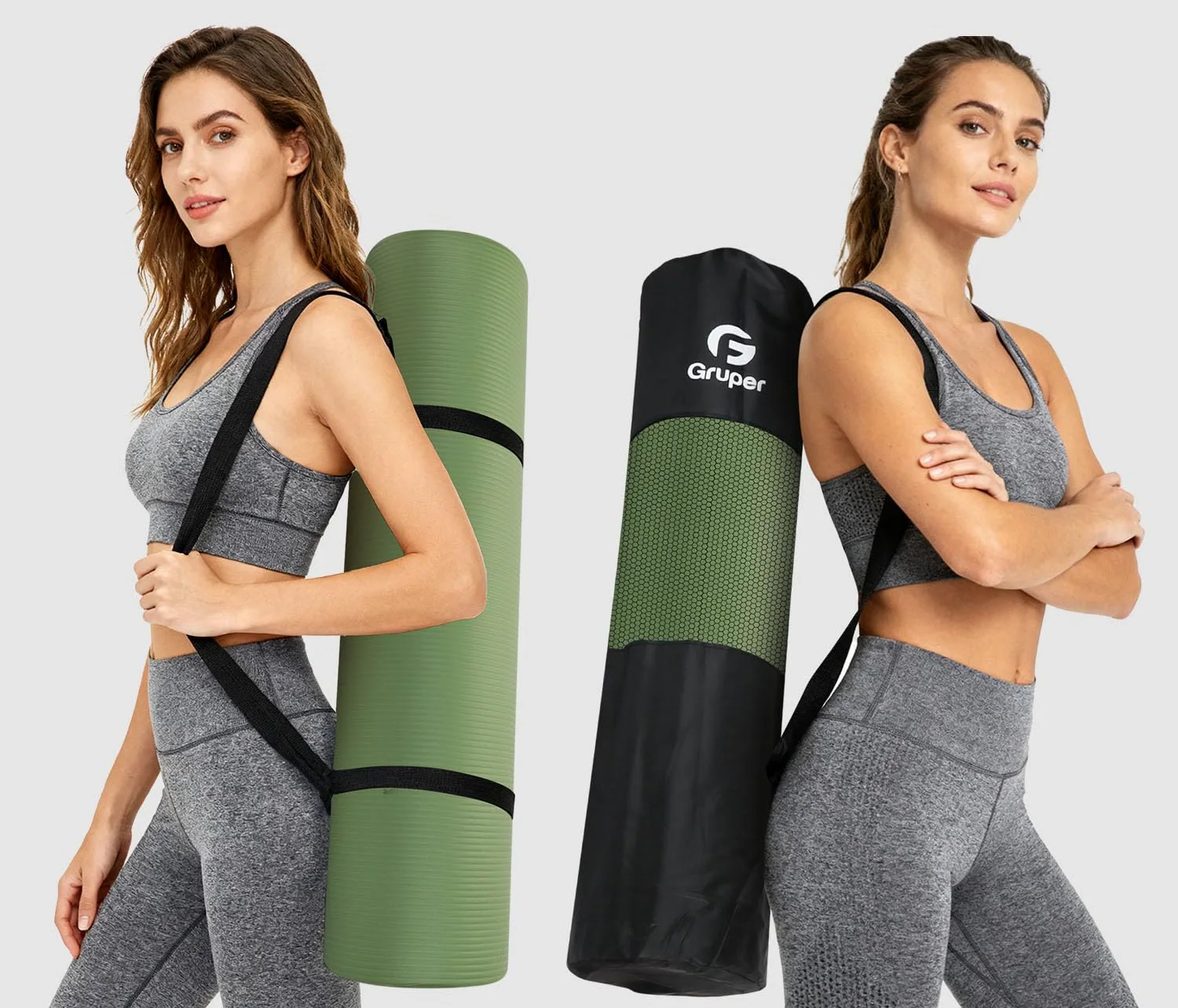 Two women carrying a green Gruper foam mat on its strap and a black Gruper storage bag