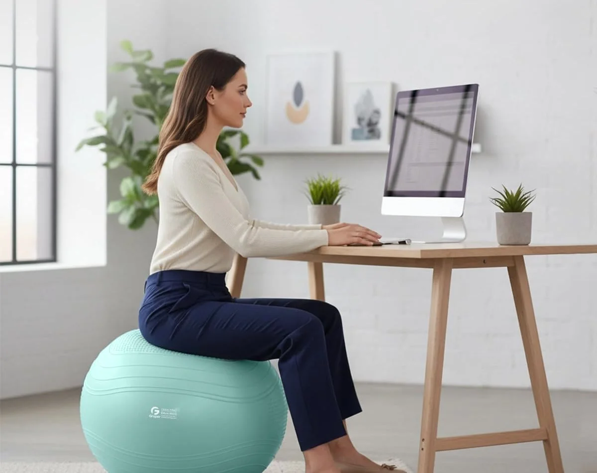 A woman sitting upright on a light blue Gruper exercise ball at a desk