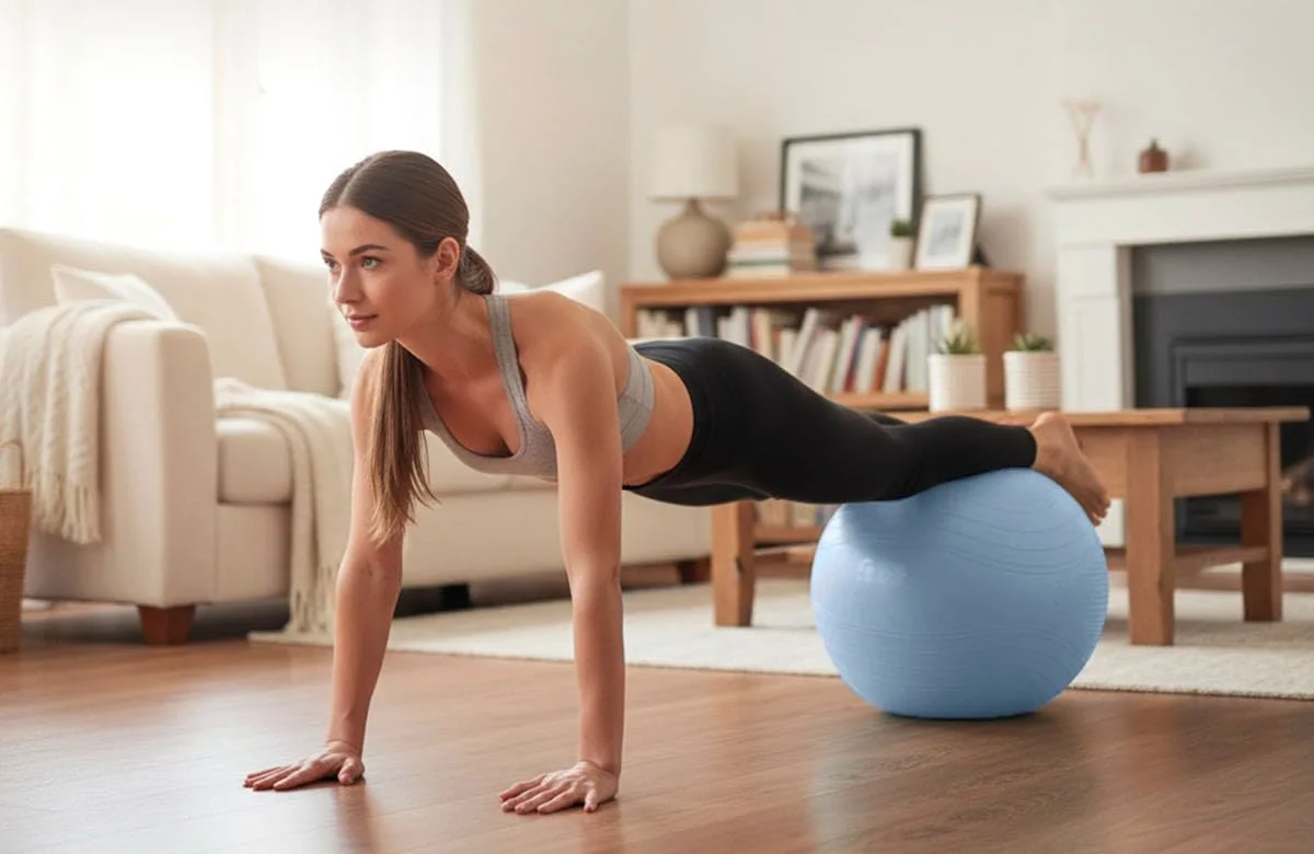 A woman in a plank with her feet on a blue Gruper exercise ball in a living room