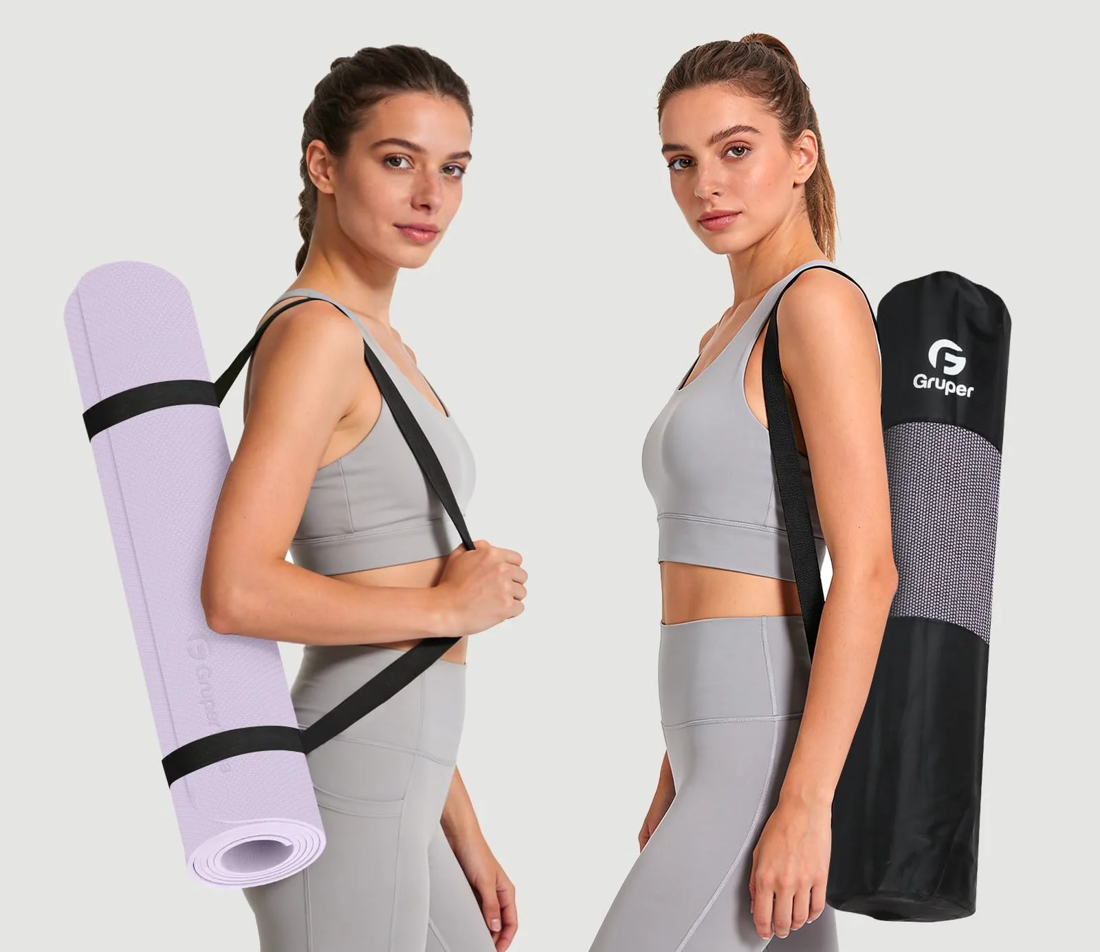 Two women carrying Gruper mats, a lavender mat on its strap and a black storage bag